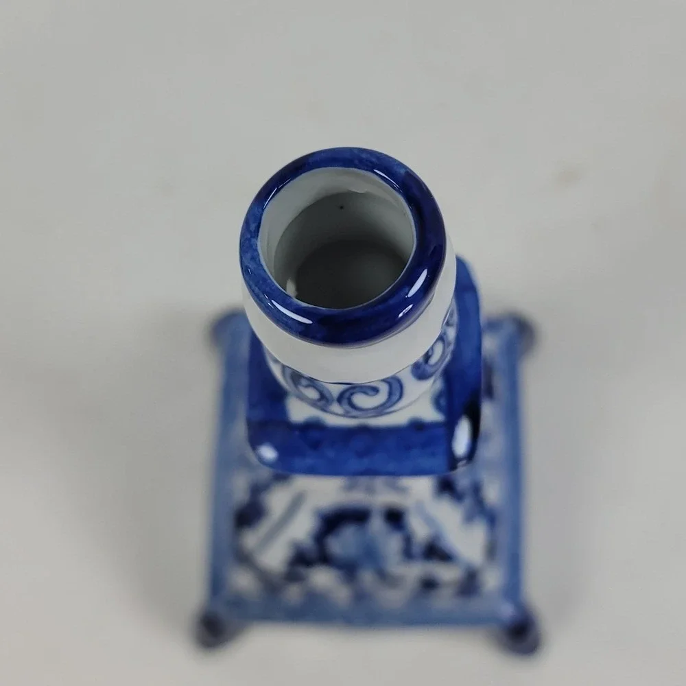 Blue White Porcelain Candlestick holders Continental Pair Chinoiserie Floral 8In